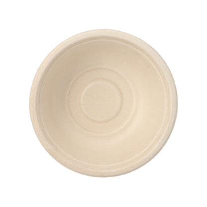 Vue de dessus d'un bol rond beige vide PAPSTAR 12, canne à sucre « pure » de la PAPSTAR GmbH, fabriqué à partir de canne à sucre écologique avec un bord légèrement surélevé et des motifs circulaires à l'intérieur.