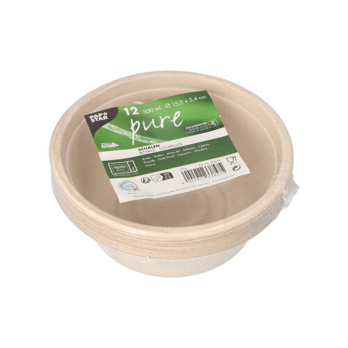 Un paquet de 12 bols en canne à sucre « pure » PAPSTAR (500 ml, 15,5 x 5,4 cm), biodégradable et écologique, idéal pour une vie durable ; de PAPSTAR GmbH.