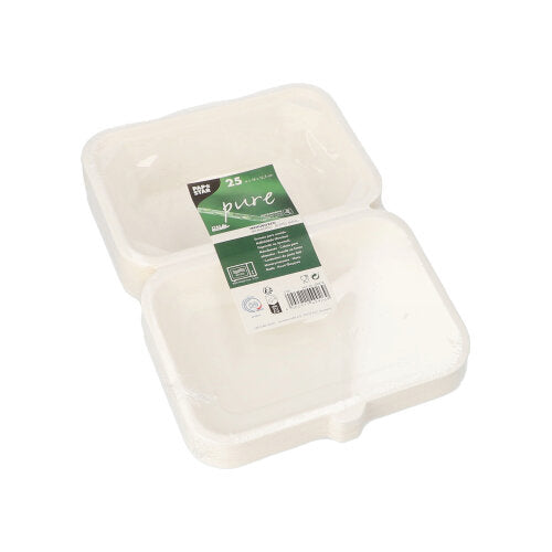Un paquet de 25 boîtes à menu PAPSTAR blanches en canne à sucre "pure" de la PAPSTAR GmbH, durable et écologique, avec une étiquette verte et blanche, légèrement ouverte pour les plats à emporter et le catering.