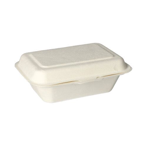 Les 25 boîtes à menu, canne à sucre "pure" blanches de la PAPSTAR GmbH sont des contenants alimentaires rectangulaires, fermés, blancs en canne à sucre durable; elles sont biodégradables et compostables et sont représentées sur un fond blanc simple.