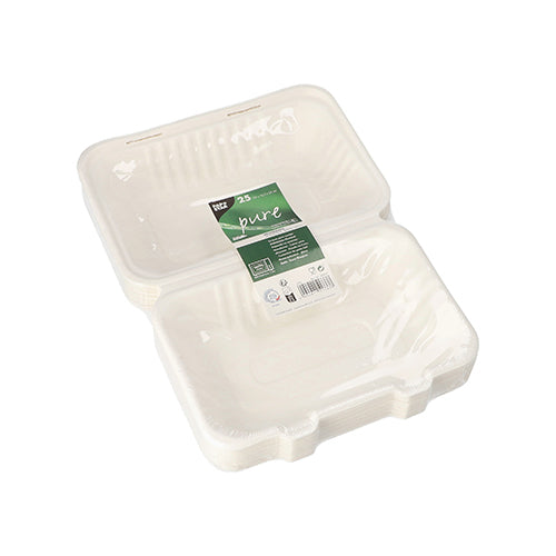 Une pile de PAPSTAR 25 boîtes à menu "pure" blanches en canne à sucre durable de PAPSTAR GmbH, avec des côtés ondulés et une pellicule transparente, avec une étiquette verte – idéale pour un catering à emporter respectueux de l'environnement.