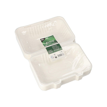 Une pile de PAPSTAR 25 boîtes à menu "pure" blanches en canne à sucre durable de PAPSTAR GmbH, avec des côtés ondulés et une pellicule transparente, avec une étiquette verte – idéale pour un catering à emporter respectueux de l'environnement.