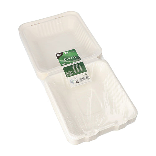 Une pile de PAPSTAR 25 boîtes à menu en canne à sucre blanche, durable, avec des côtés ondulés, partiellement filmée et avec une étiquette verte – de PAPSTAR GmbH, idéale pour le catering à emporter.