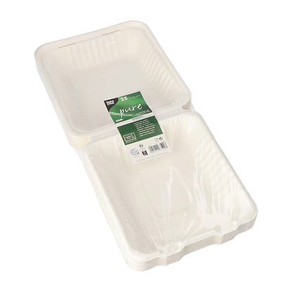 Une pile de PAPSTAR 25 boîtes à menu en canne à sucre blanche, durable, avec des côtés ondulés, partiellement filmée et avec une étiquette verte – de PAPSTAR GmbH, idéale pour le catering à emporter.