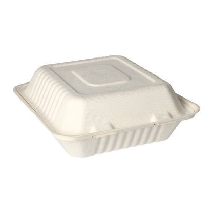 Les PAPSTAR 25 boîtes à menu en canne à sucre "pure" blanches de PAPSTAR GmbH sont des contenants à emporter écologiques, biodégradables – parfaits pour des plats à emporter et un catering durables.