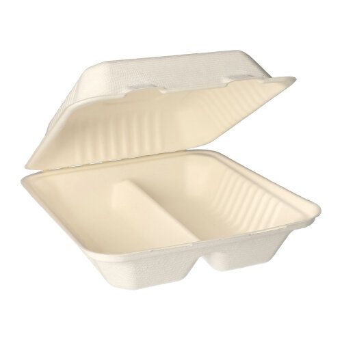 Les PAPSTAR 25 boîtes à menu, bagasse « pure » blanche de la PAPSTAR GmbH sont des contenants à emporter ouverts, blancs, rectangulaires avec deux compartiments en bagasse durable, parfaits pour la restauration hors domicile, présentés sur fond blanc simple.