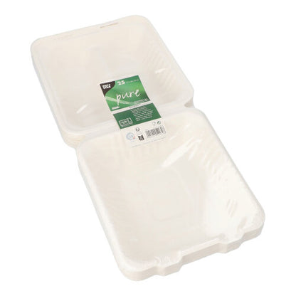 Une pile de PAPSTAR 25 boîtes à menu blanches en bagasse « pure », carrées avec couvercle rabattable, compostables et durables, idéales pour le catering à emporter. Emballées sous film avec étiquette verte et blanche de la marque PAPSTAR GmbH.