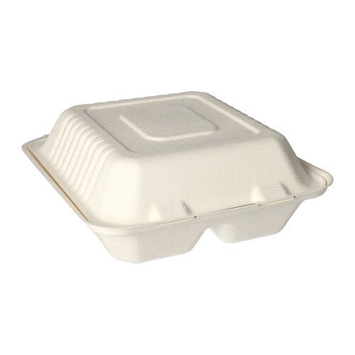 Une boîte à menu fermée, rectangulaire PAPSTAR en bagasse durable « pure » en blanc de PAPSTAR GmbH avec une surface texturée est photographiée sur fond blanc.