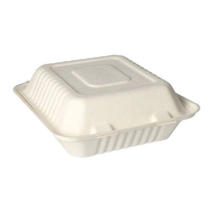 Les PAPSTAR 25 boîtes à menu, bagasse "pure" blanche de la PAPSTAR GmbH sont des boîtes à menu fermées, carrées, blanches, biodégradables en bagasse durable – idéales pour le catering écologique et le take-away. Présentées sur fond blanc simple.