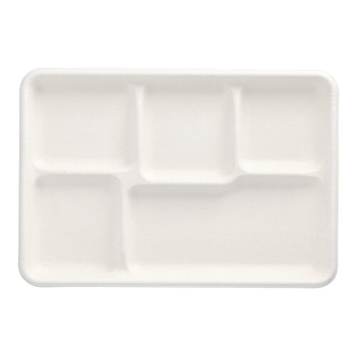 De PAPSTAR GmbH 25 menu-trays van suikerriet "pure", 5-delig, wit, zijn biologisch afbreekbaar en ideaal voor milieubewuste bediening in kantines en grootkeukens.