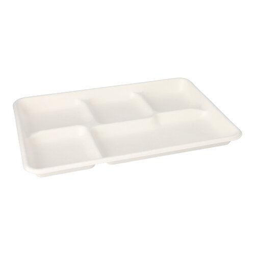 De 25 menu-trays, suikerriet "pure" 5-delig wit van de PAPSTAR GmbH zijn witte, rechthoekige, biologisch afbreekbare trays met vijf vakken - een milieuvriendelijke keuze voor de maaltijdservice in cafetaria's of soortgelijke instellingen.