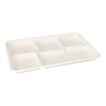 De 25 menu-trays, suikerriet "pure" 5-delig wit van de PAPSTAR GmbH zijn witte, rechthoekige, biologisch afbreekbare trays met vijf vakken - een milieuvriendelijke keuze voor de maaltijdservice in cafetaria's of soortgelijke instellingen.