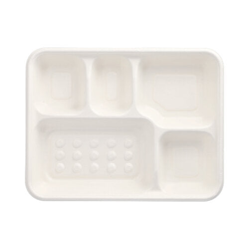 De PAPSTAR 25 menu-trays, suikerriet "pure" 5-delig wit van de PAPSTAR GmbH zijn witte, rechthoekige, biologisch afbreekbare trays met vijf vakken - perfect als milieuvriendelijke verpakking voor maaltijden.