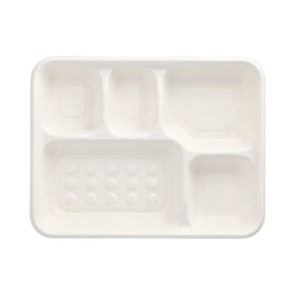 De PAPSTAR 25 menu-trays, suikerriet "pure" 5-delig wit van de PAPSTAR GmbH zijn witte, rechthoekige, biologisch afbreekbare trays met vijf vakken - perfect als milieuvriendelijke verpakking voor maaltijden.