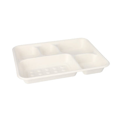 De PAPSTAR 25 menu-trays, suikerriet "pure" 5-delig wit van de PAPSTAR GmbH zijn witte, rechthoekige, milieuvriendelijke trays met vijf vakken - ideaal voor de duurzame catering in scholen of cafetaria's.