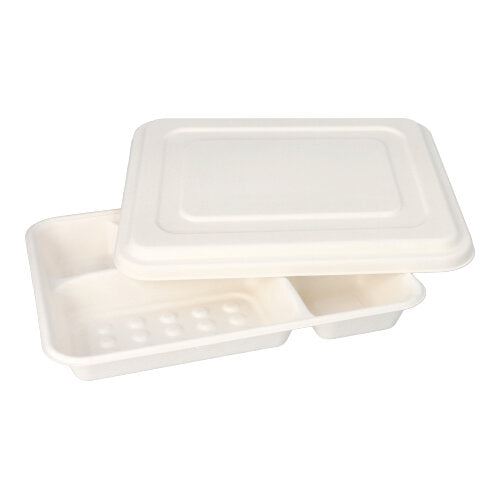 De PAPSTAR 25 menu-trays, suikerriet "pure" 5-delig wit van de PAPSTAR GmbH zijn witte, 5-delige, biologisch afbreekbare trays met bijpassende deksels - een milieuvriendelijke verpakking voor verschillende gerechten.