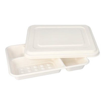 De PAPSTAR 25 menu-trays, suikerriet "pure" 5-delig wit van de PAPSTAR GmbH zijn witte, 5-delige, biologisch afbreekbare trays met bijpassende deksels - een milieuvriendelijke verpakking voor verschillende gerechten.