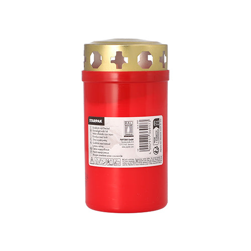 Une bougie funéraire Starpak avec couvercle doré Ø 6,4 cm · 12,5 cm avec housse de Starpak se tient debout sur un fond blanc simple, avec un couvercle doré et une étiquette de produit. Idéale pour le cimetière.