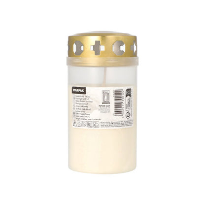 La bougie funéraire Starpak avec couvercle doré Ø 6,4 cm · 12,5 cm avec housse est une bougie funéraire blanche dans un récipient translucide avec des découpes en forme de croix dans le couvercle doré, étiquetée avec des informations sur le produit - idéale pour une utilisation au cimetière.