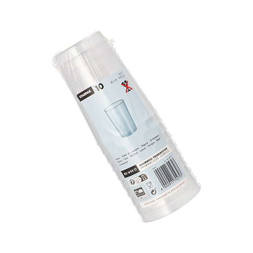 10 gobelets réutilisables transparents et incassables en PP de Starpak, dans un emballage clair avec étiquette, code-barres et image de gobelet.