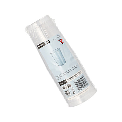 10 gobelets réutilisables transparents et incassables en PP de Starpak, dans un emballage clair avec étiquette, code-barres et image de gobelet.