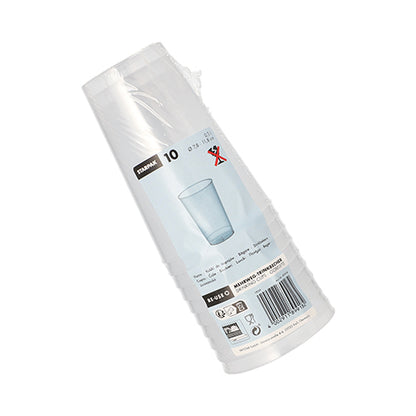 Un paquet de dix gobelets réutilisables Starpak 10 en PP translucides et incassables dans un film plastique avec la marque Starpak, une image de gobelet, des informations sur le produit, des symboles de recyclage et un code-barres.