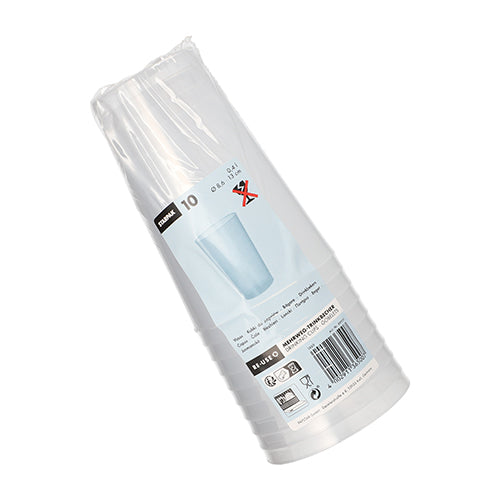 Le gobelet réutilisable Starpak 10 en PP translucide incassable de Starpak est livré dans un emballage en plastique avec des étiquettes de produit, des symboles de recyclage et un code-barres à l'extérieur.