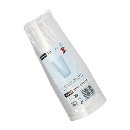 Le gobelet réutilisable Starpak 10 en PP translucide incassable de Starpak est livré dans un emballage en plastique avec des étiquettes de produit, des symboles de recyclage et un code-barres à l'extérieur.