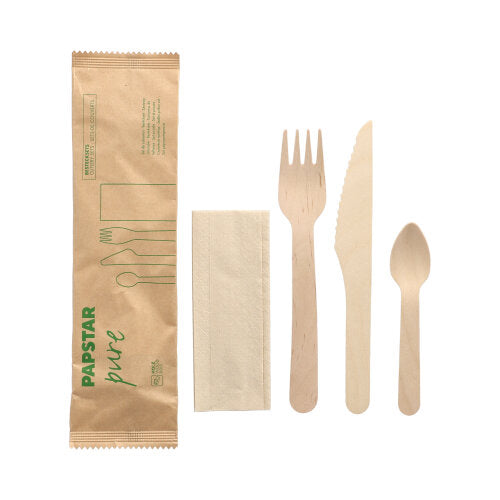 Les PAPSTAR 50 ensembles de couverts en bois « pure » de PAPSTAR GmbH contiennent une fourchette, un couteau, une cuillère et une serviette dans un sac en papier – biodégradable et durable pour votre table.