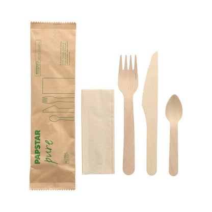 Les PAPSTAR 50 ensembles de couverts en bois « pure » de PAPSTAR GmbH contiennent une fourchette, un couteau, une cuillère et une serviette dans un sac en papier – biodégradable et durable pour votre table.