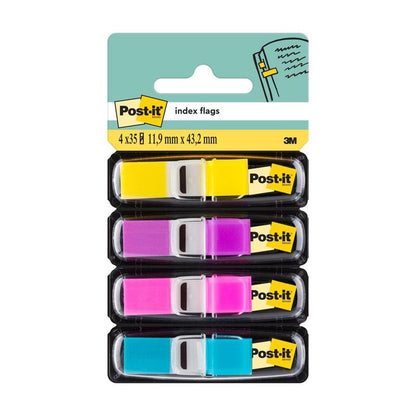 Le set de mini bandes adhésives Post-it® Index de 3M Deutschland GmbH contient quatre distributeurs (jaune, rose, violet, bleu) avec 35 fanions chacun au format 11,9 mm x 43,2 mm.