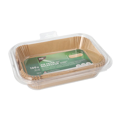 Un récipient en plastique transparent de la société PAPSTAR contient 100 papiers de cuisson antiadhésifs bruns, rectangulaires pour friteuses à air chaud carrés, soigneusement empilés et portant l'inscription « PAPSTAR 100 papiers de cuisson pour friteuses à air chaud carrés ».