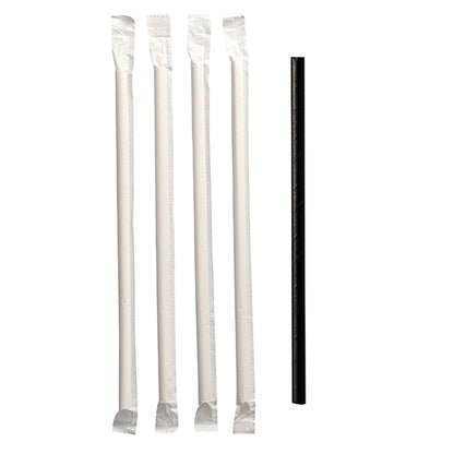Quatre pailles en papier blanches PAPSTAR (Ø 6 mm) emballées individuellement sont placées à côté d'une paille noire non emballée de la marque PAPSTAR GmbH sur un fond blanc.