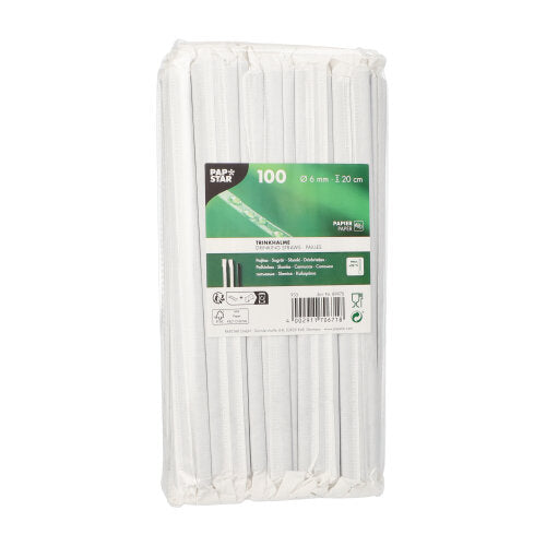 Les PAPSTAR GmbH 100 pailles, papier Ø 6 mm sont des pailles en papier de 20 cm de long, emballées individuellement dans du plastique transparent et portant une étiquette vert-blanc avec les informations sur le produit.