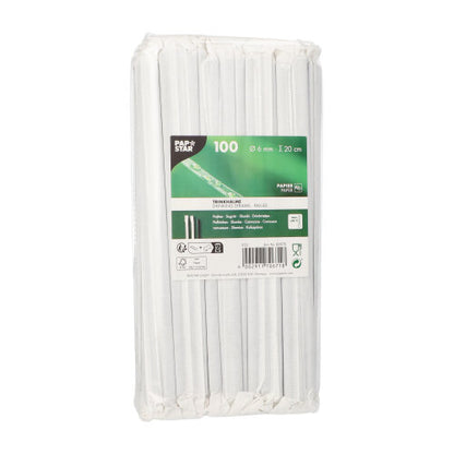 Les PAPSTAR GmbH 100 pailles, papier Ø 6 mm sont des pailles en papier de 20 cm de long, emballées individuellement dans du plastique transparent et portant une étiquette vert-blanc avec les informations sur le produit.