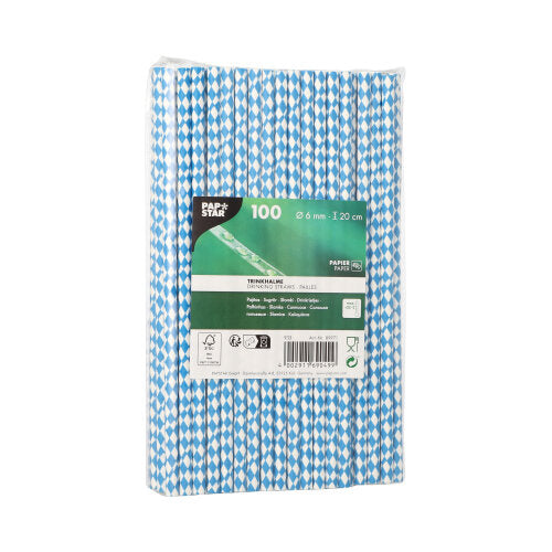PAPSTAR 100 pailles en papier (Ø 6 mm) de PAPSTAR GmbH, dans un emballage en plastique avec une étiquette visible - pailles bleues et blanches écologiques et durables.