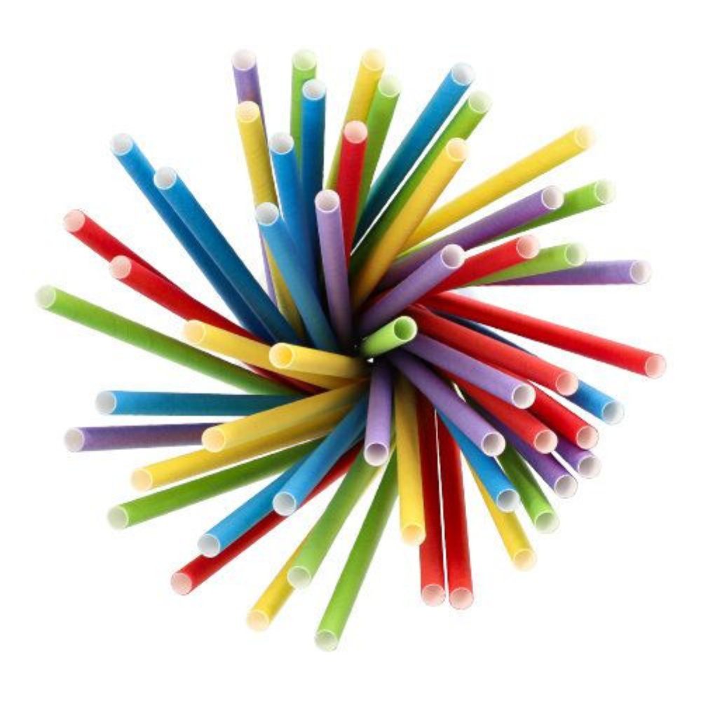 Een bovenaanzicht van de milieuvriendelijke Shake-strohalmen papier van PAPSTAR GmbH, gerangschikt in een radiaal patroon. Met kleuren als rood, blauw, geel, groen en paars met een witte binnenkant vormen deze rietjes een levendig, cirkelvormig display dat zeker tot duurzame keuzes zal inspireren.