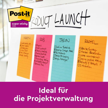 Een whiteboard toont een "Product Launch"-plan met gebruik van Post-it® Super Sticky Meeting Notes in verschillende neonkleuren (203 mm × 152 mm, 45 vel/blok, 4 blokken), van 3M Deutschland GmbH; daaronder staat "Ideaal voor projectbeheer".