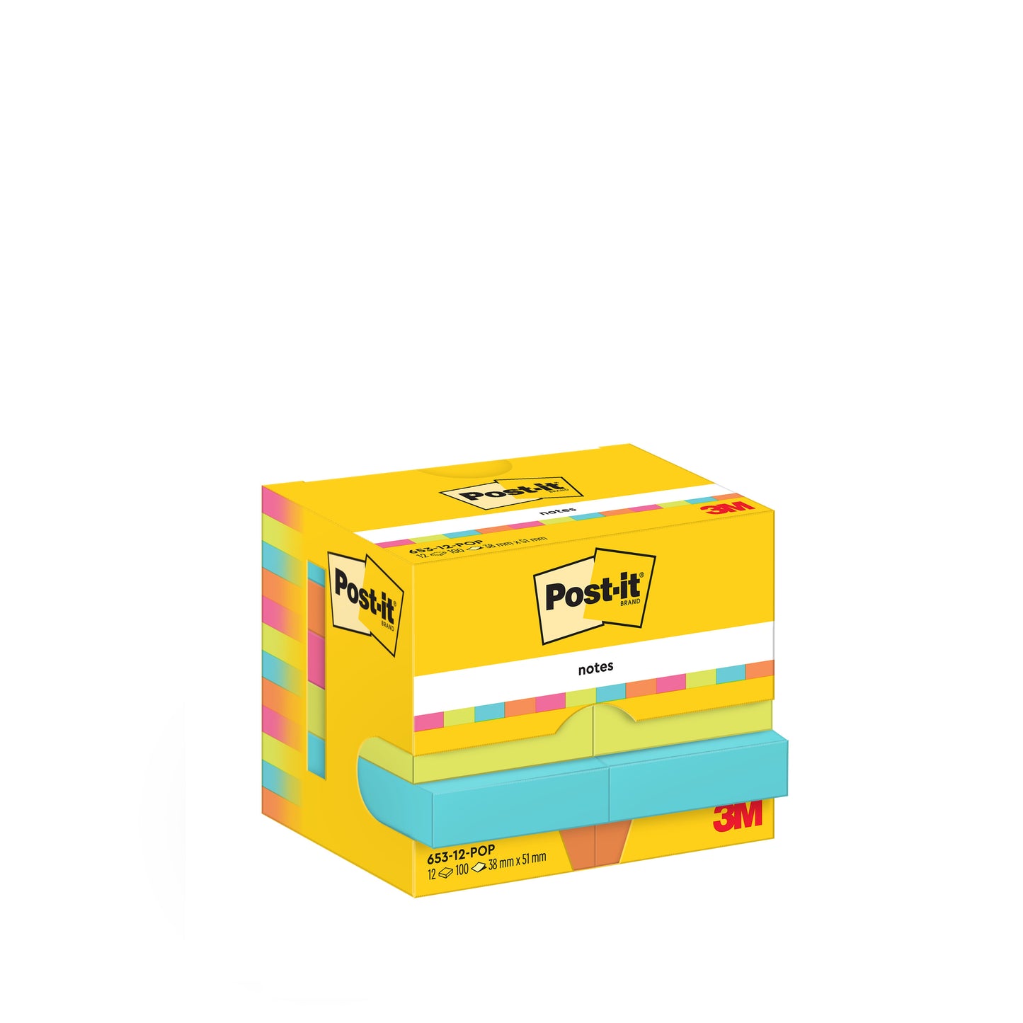 Eine gelbe Schachtel Post-it® Notes aus der Poptimistic Collection der 3M Deutschland GmbH enthält 12 Blöcke à 100 Blatt (38 mm x 51 mm), hat bunte Kanten und ist PEFC-zertifiziert in einer Kartonverpackung (SGSCH-PEFC-COC-110078).
