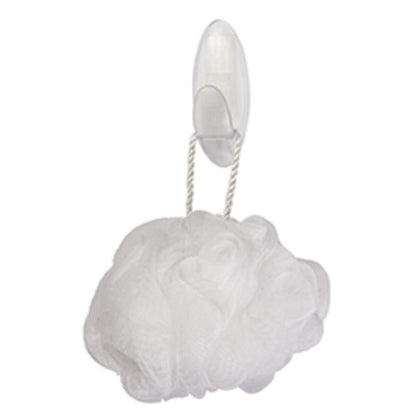 Un tapis de bain en maille blanche avec une boucle tressée est suspendu à un crochet pour serviettes de bain Command™ de 3M Deutschland GmbH fixé au mur.