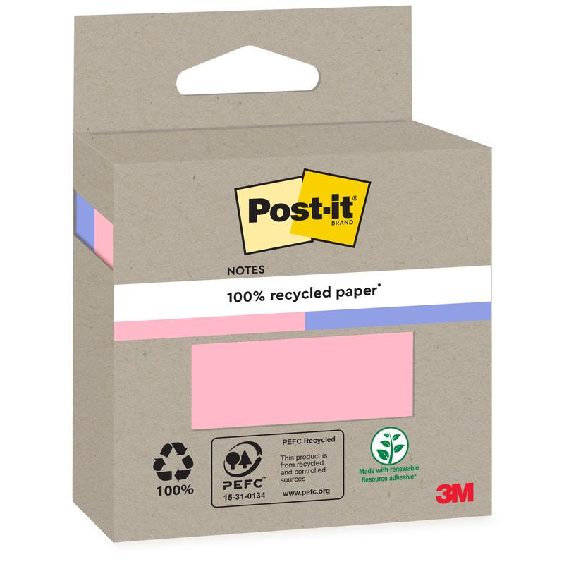 Een bruine kartonnen doos met Post-it® Recycling Notes, 76x76mm, 100 vellen, 100% PEFC van 3M Deutschland GmbH, met recycling- en PEFC-logo, een roze patroonnotitie en een groen etiket "Made with renewable resource adhesive".