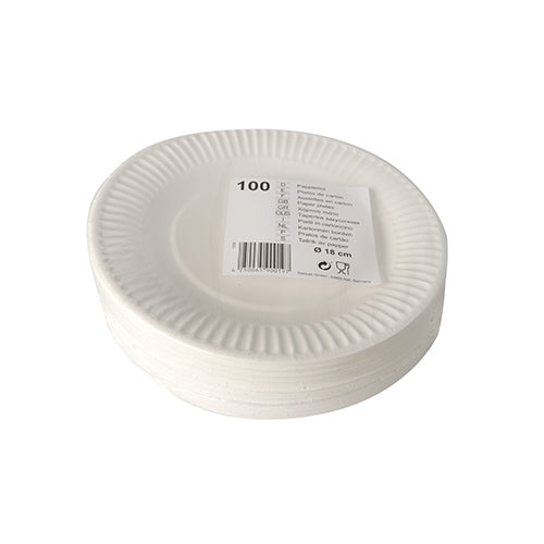Une pile d'assiettes Starpak 100, rondes en carton, blanches, avec un bord ondulé et une étiquette code-barres indiquant 100 assiettes de 23 cm de diamètre chacune.