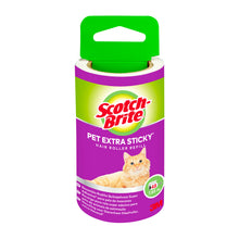 Die Scotch-Brite™ Pet Extra Sticky* Ersatzrolle für Tierhaare, 48 Blatt (1 Packung) von 3M Deutschland GmbH entfernt Tierhaare von Kleidung und Möbeln. Mit einer orangefarbenen Katze auf lila und grüner Verpackung.