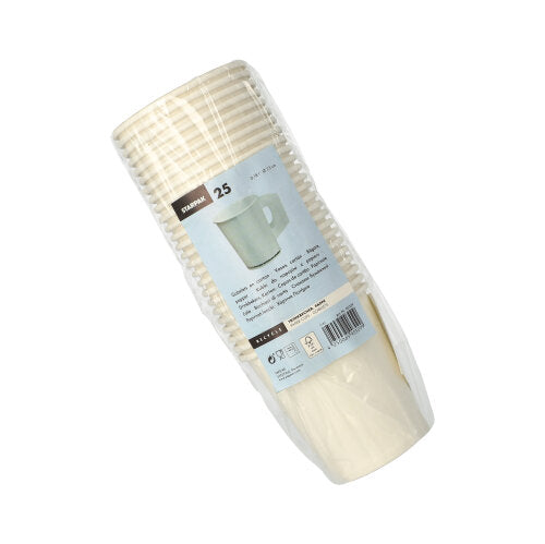 Een stapel van 25 witte Starpak-wegwerp-papierbekers (elk 0,18 l, Ø 7,3 cm, 7,8 cm hoog) met handvatten, verpakt in doorzichtige folie, bedrukt met het Starpak-logo en productdetails.