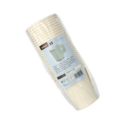 Een stapel van 25 witte Starpak-wegwerp-papierbekers (elk 0,18 l, Ø 7,3 cm, 7,8 cm hoog) met handvatten, verpakt in doorzichtige folie, bedrukt met het Starpak-logo en productdetails.