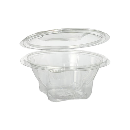 Un bol à salade et à charcuterie Starpak 50 avec couvercle rabattable, R-PET transparent rond, est représenté ouvert et vide sur un fond blanc.