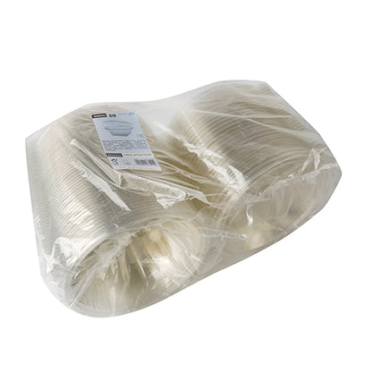 Un sac transparent en R-PET contient une pile de bols à salade et à charcuterie Starpak 50 avec couvercle rabattable, transparents et ronds. L'étiquette produit rectangulaire est apposée sur l'emballage. Marque : Starpak.