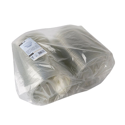 Un paquet emballé dans un film plastique transparent contenant 50 bols à salade et à charcuterie Starpak avec couvercle rabattable, gobelets ronds en R-PET transparent, empilés et scellés en haut à gauche avec une étiquette blanche.