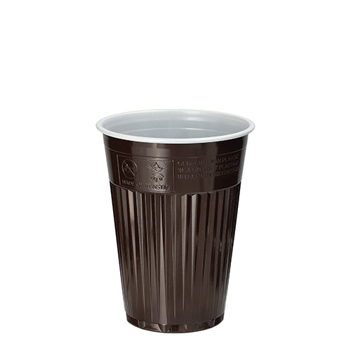 De Starpak 100 Thermo-automaatbeker (PS, 0,18 l, Ø 7,03 cm, 9 cm) in bruin/wit met geribbelde buitenkant en gladde binnenkant staat rechtop - ideaal om drankjes onderweg warm te houden. Levering in een verpakking van 100 stuks.