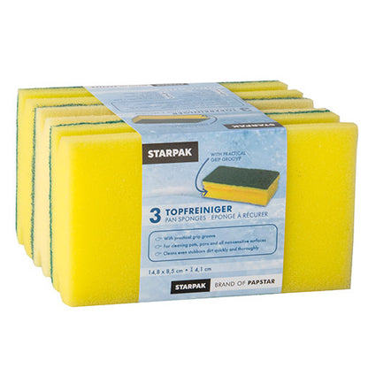 Een verpakking met drie rechthoekige Jumbo-sponzen (4,1 x 14,8 x 8,5 cm, geel/groen, met gripgroef, schuurzijde) van Starpak Topfreiniger, meertalig gelabeld voor een effectieve reiniging.